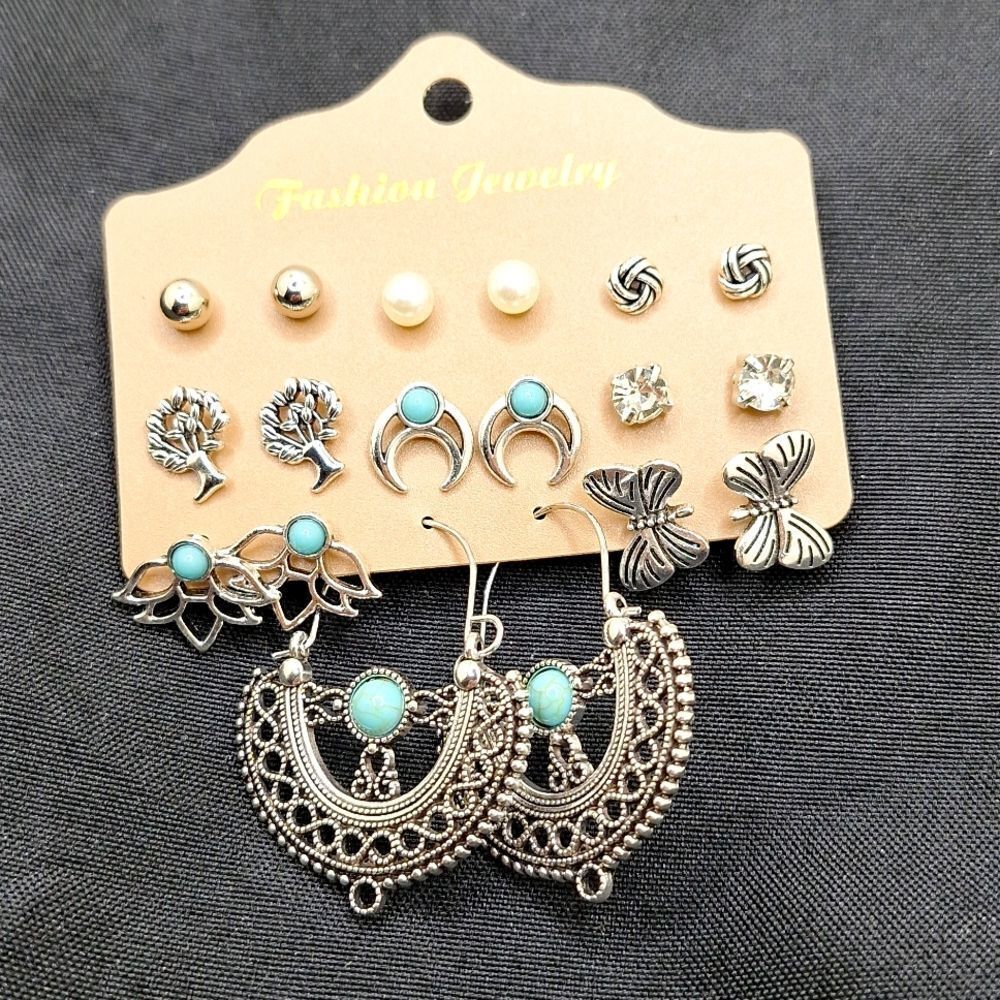 Bundle of pearl, tree of life, lotus butterfly earrings